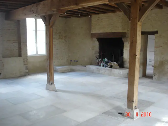 Salle avec cheminée ancienne et dallage en pierre neuf