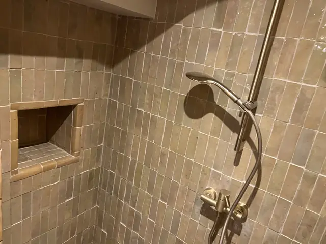 Salle de bain rénovée : douche carrelée avec niche